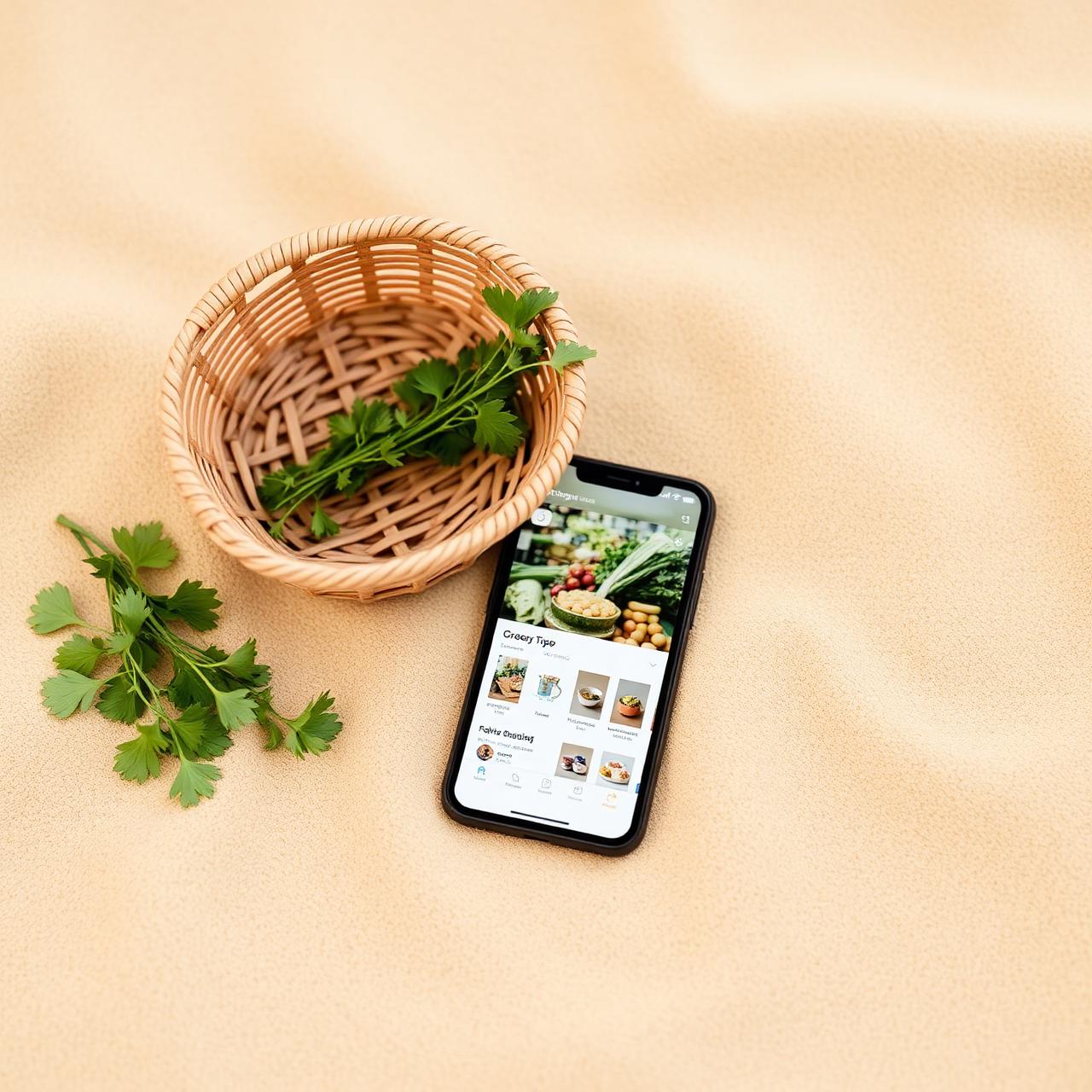 Al Amri Express grocery app on a phone next to fresh herbs