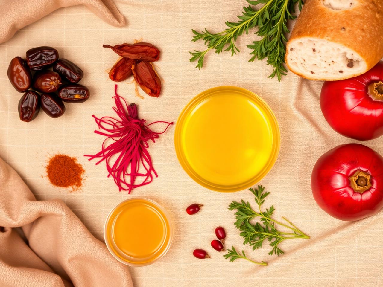 Fresh dates, saffron, olive oil, herbs, and pomegranates on warm linen